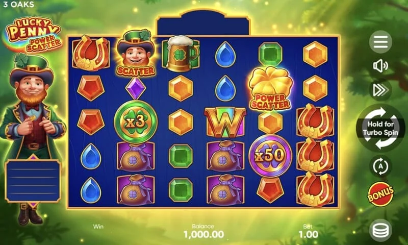 Lucky Penny Power Scatter - สัญลักษณ์ Power Scatter ที่มีเหรียญทองและแสงสว่าง